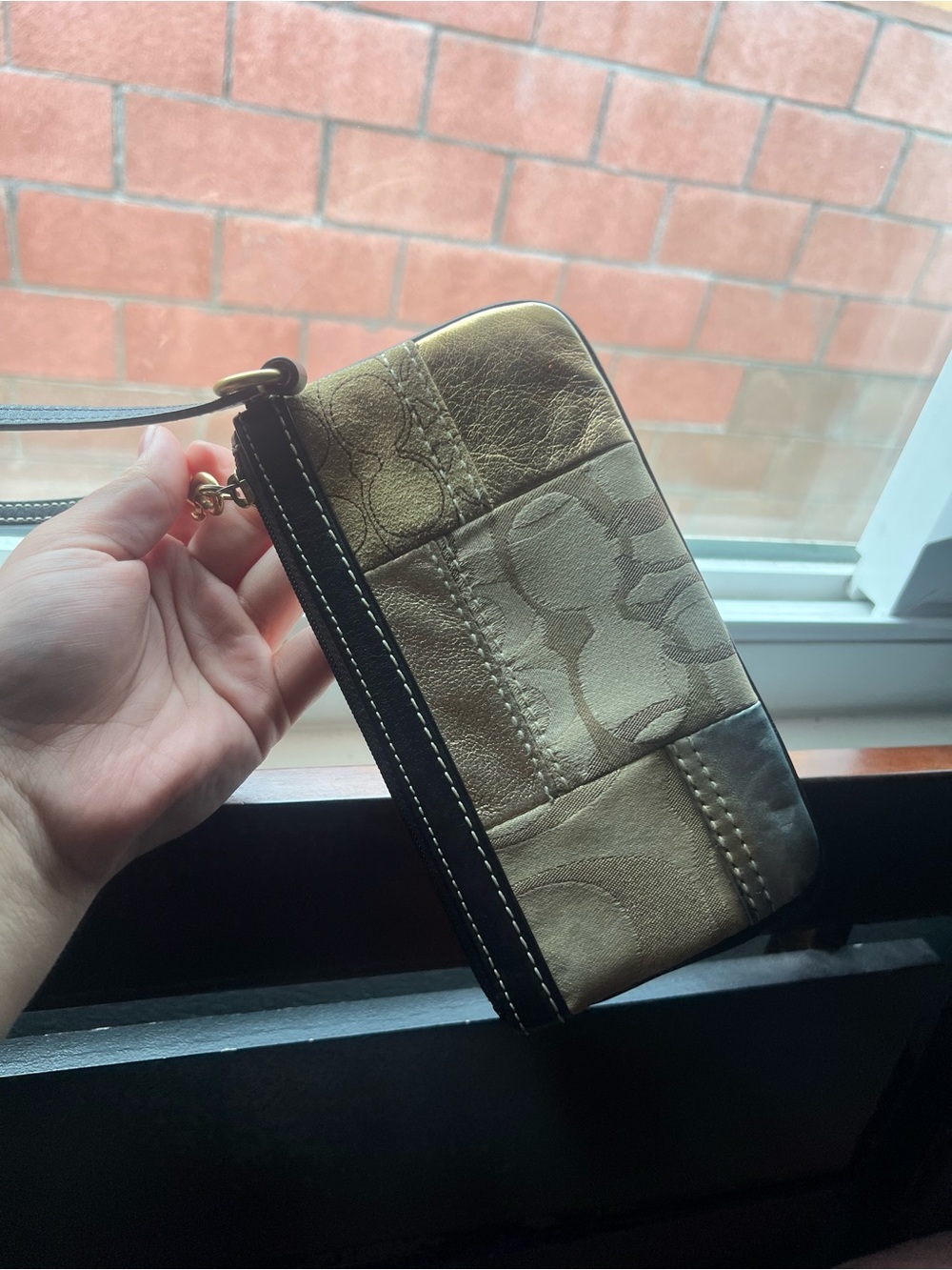 Coach Metallic Patchwork Signature Wristlet in Beige, Gold & Brown - Picture 3 of 4